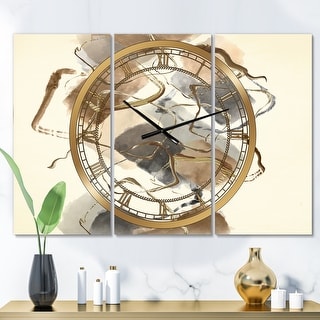 Designart 'Gold Glam Squares III' Glam 3 Panels Oversized Wall CLock - 36 in. wide x 28 in. high - 3 panels