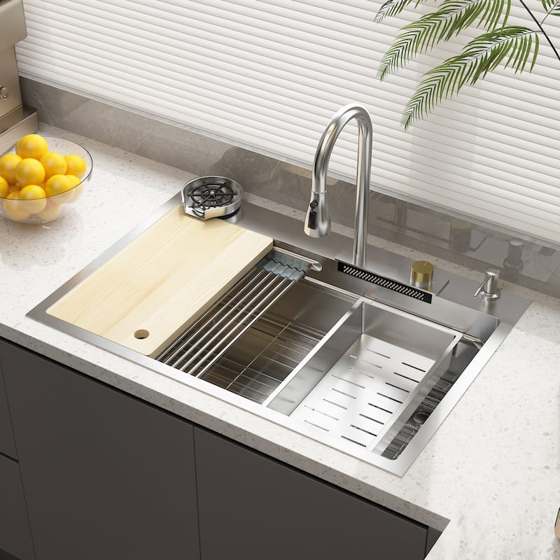 32.2"W Apron Single Bowl Workstation Kitchen Sink 304 Stainless Steel - Brushed