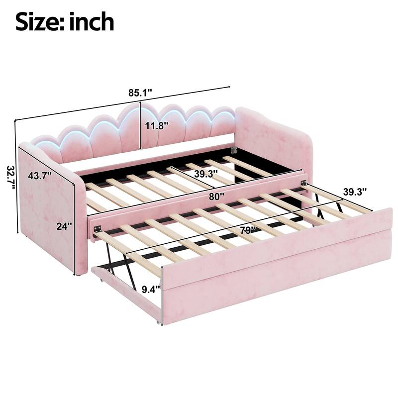 Twin XL Velvet Upholstered Daybed with Pull-Out Trundle and Wave Backrest LED Light