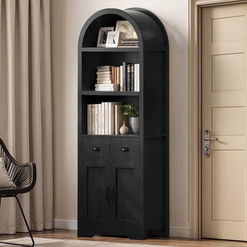 Moasis 71"/68" Tall Arched Bookshelf with Storage, Arched Bookcase with 2 Drawers and Doors