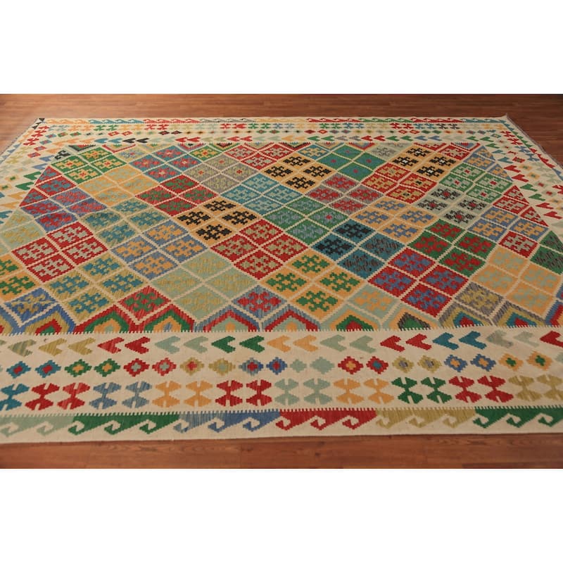 Geometric Trellis Kilim Oriental Rug Hand-Woven Tribal Wool Carpet - 8'9"x 11'4"