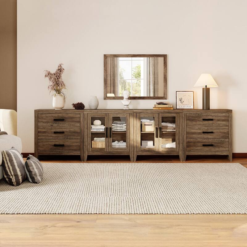 WAMPAT Extra Wide 126" Farmhouse TV Stand, Wood Media Console with 6 Drawers & 2 Glass Cabinets