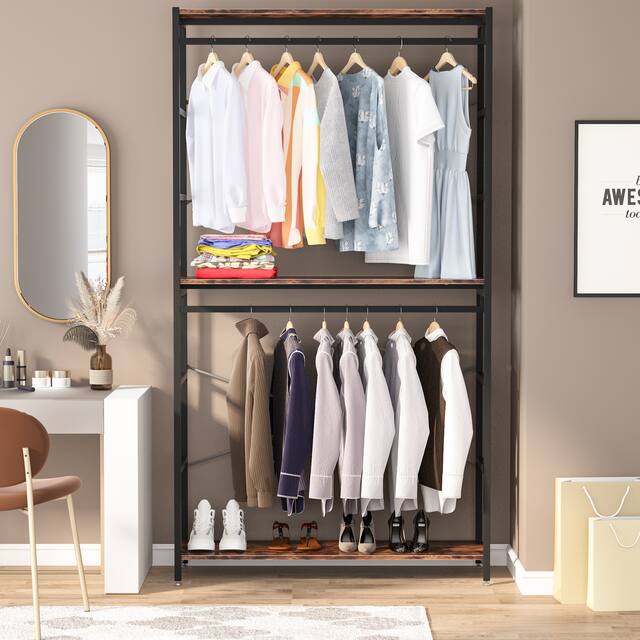 Extra tall 47 inches Double Rod Closet Shelf Freestanding 3 Shelves Clothes Clothing Garment Racks