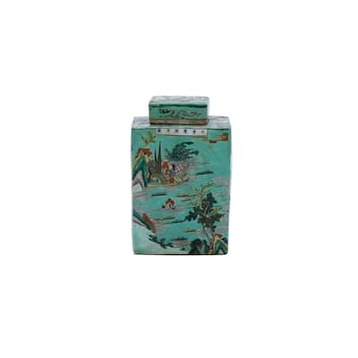 Handmade Square Tea Landscape Motif Decorative Jar