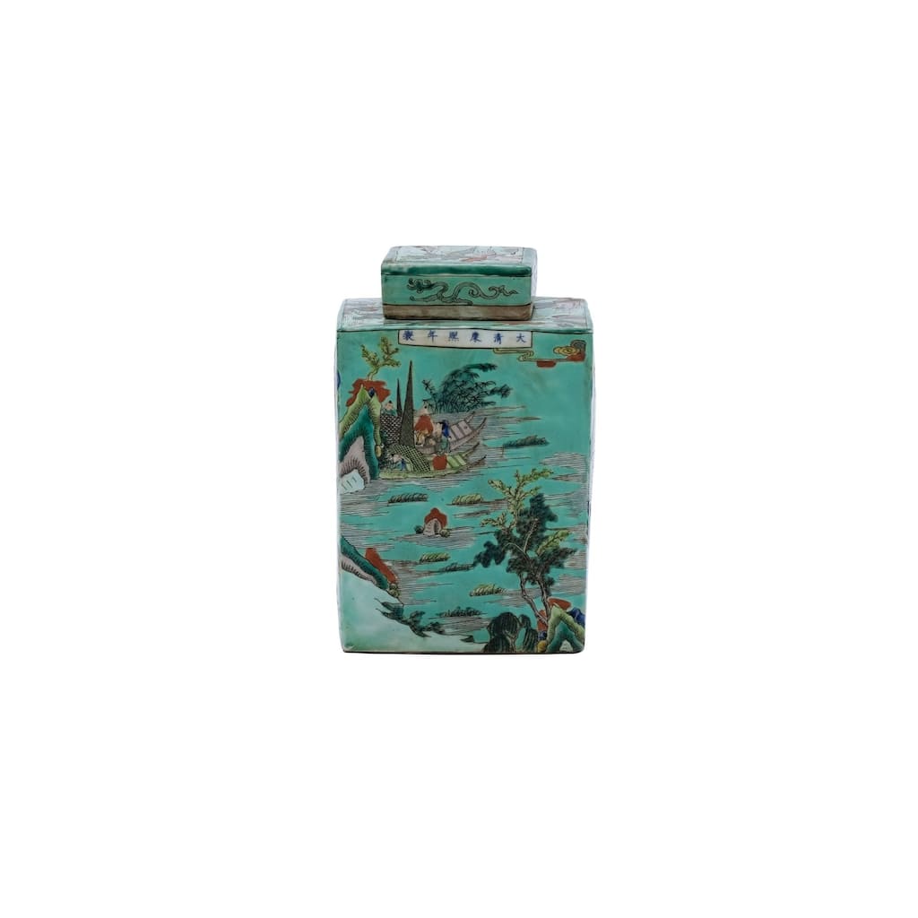 Handmade Square Tea Landscape Motif Decorative Jar