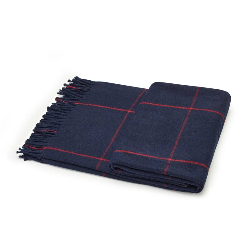 Acrylic Woven Queen Size Throw Blanket with Hand Knotted Fringes - Navy-Red