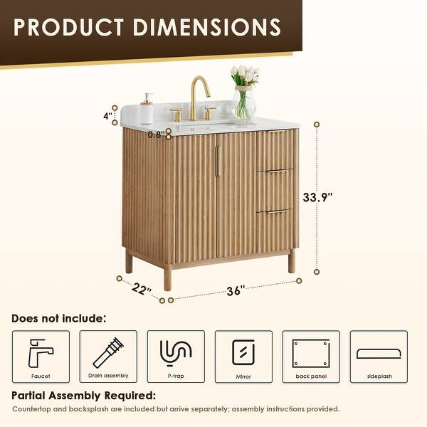 dimension image slide 1 of 4, Sierra Bathroom Vanity in Washed Light Brown with Grain White Engineered Stone Countertop without Mirror