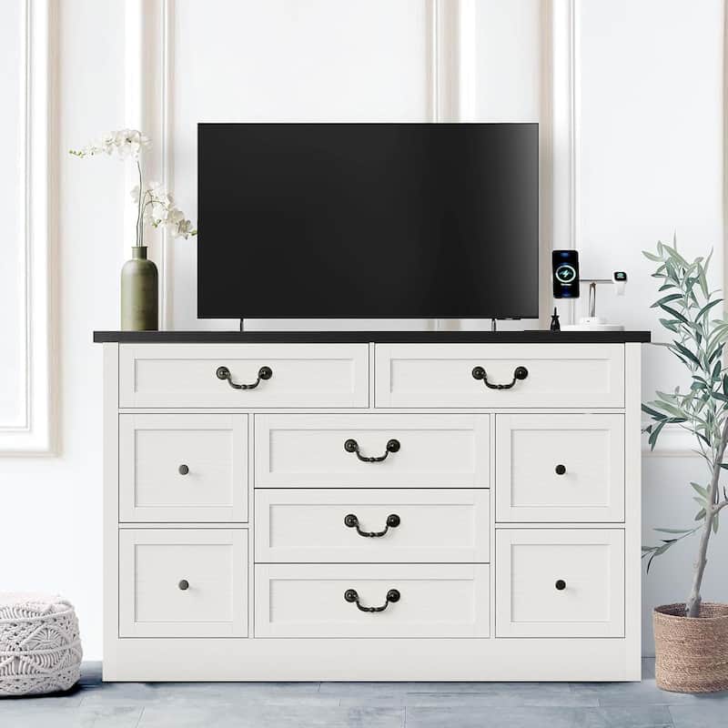 9 Drawer Dresser with Charging Station,54" Wide Wood Dresser with Metal Handle - Black Top