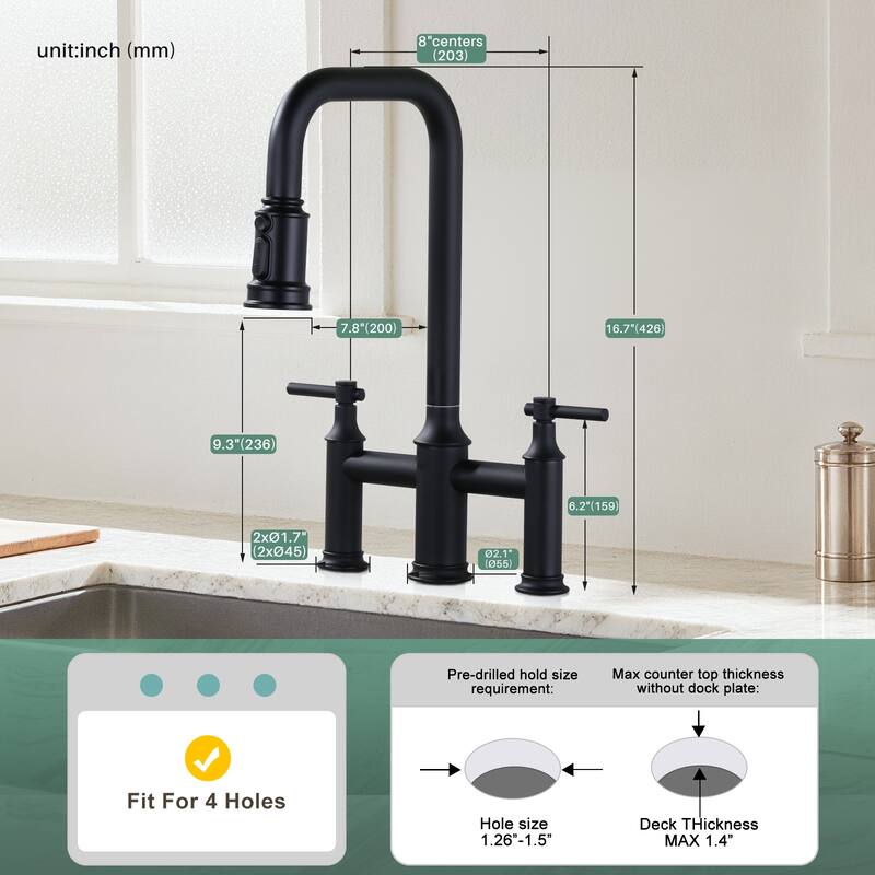 WOWOW Double Handle Bridge Kitchen Faucet with Advanced Spray