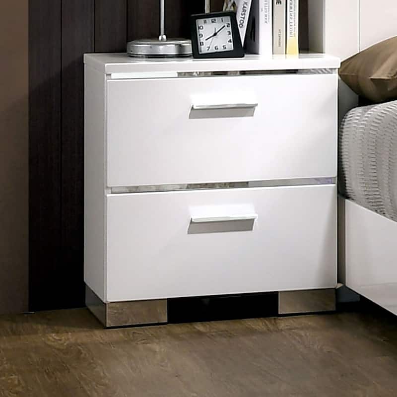 Elegant White High-Gloss Nightstand w/ Chrome & USB for Bedroom