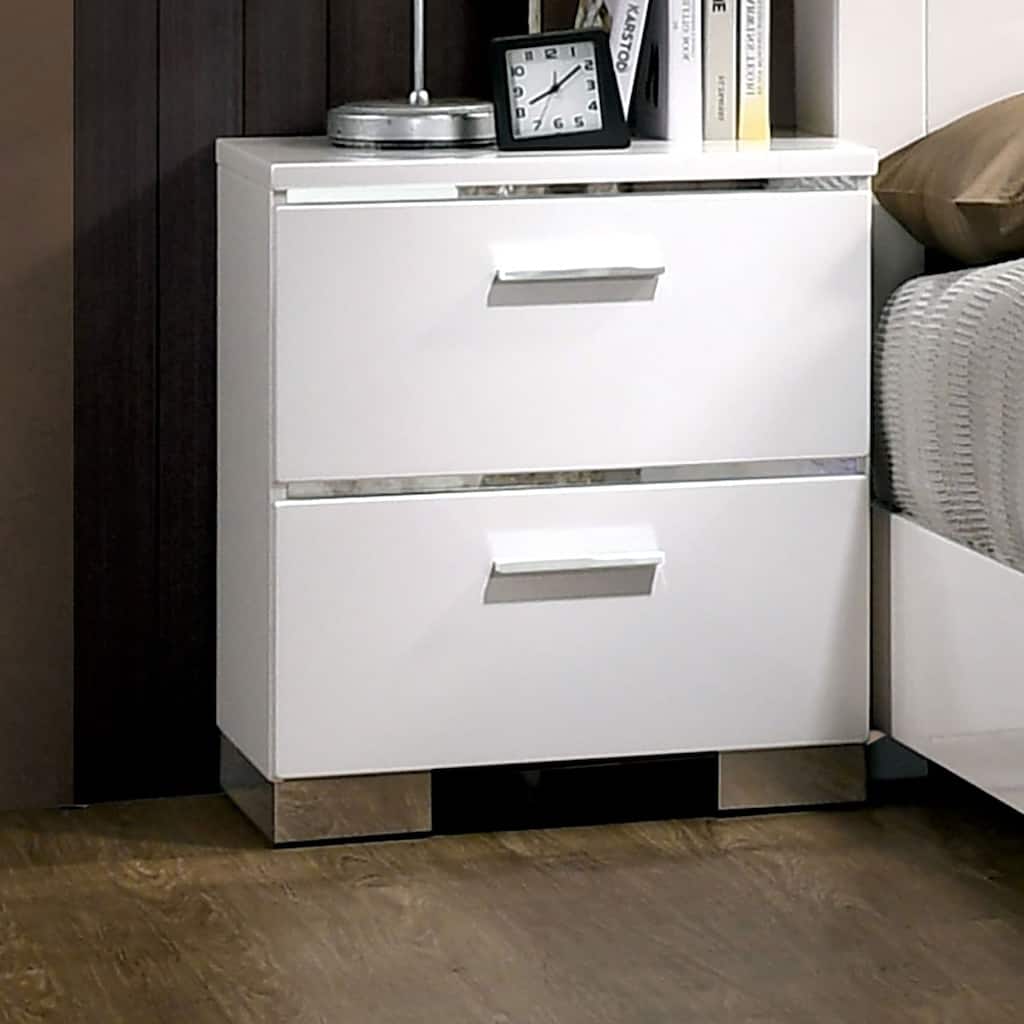Elegant White High-Gloss Nightstand w/ Chrome & USB for Bedroom
