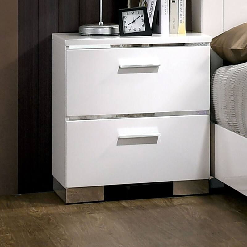 High Gloss Finish Nightstand, White - 2-drawer