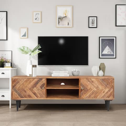 [PRE-SELL]ExBrite Solid Wood Media Console Woodcraft HerringBone Pattern 2 Doors & Metal Legs for TV Table Bench Stand