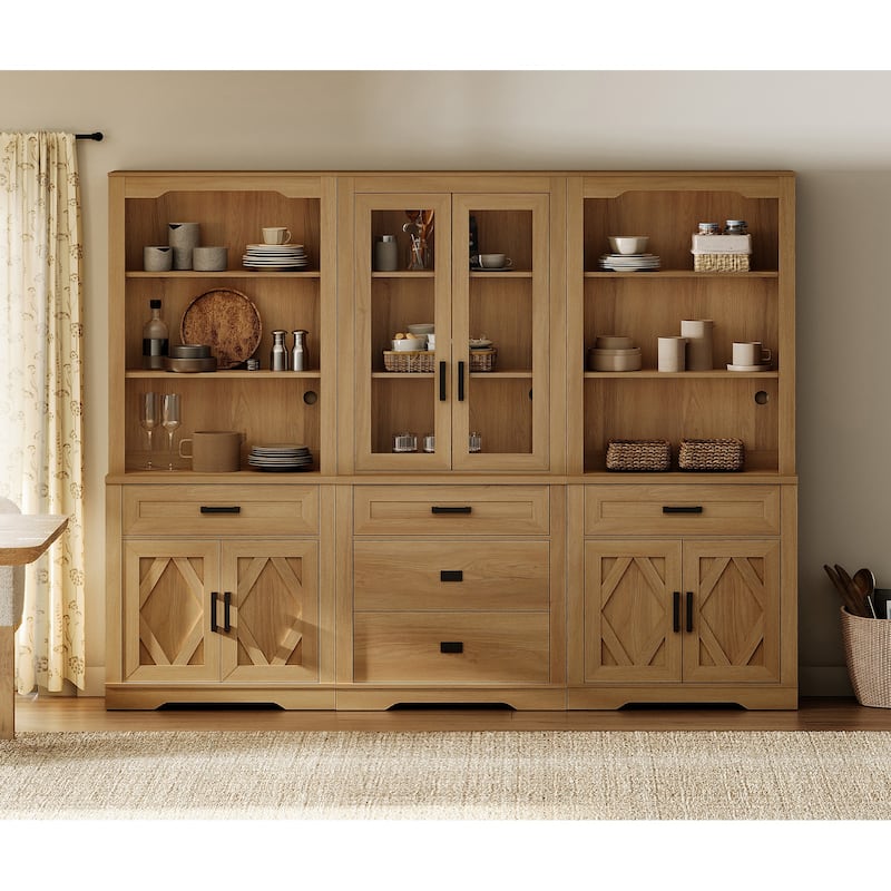 3-Column 73.3" Tall Bookshelf Set with Open Storage and Glass Doors - Walnut - 2 Open Shelf&1 Glass Door