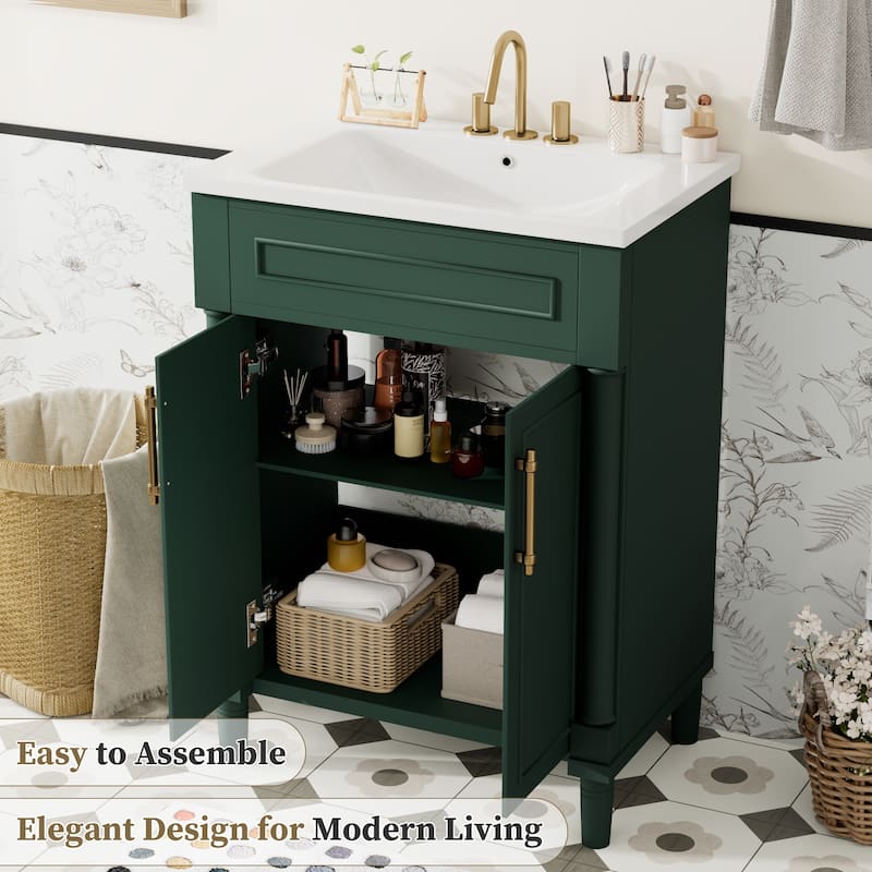 24" Bathroom Vanity with Integrated Ceramic Sink, Bathroom Cabinet with 2 Doors, Single Sink Bathroom Vanity