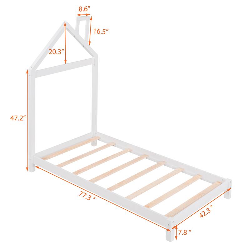 Wood Platform Bed with House-Shaped Headboard