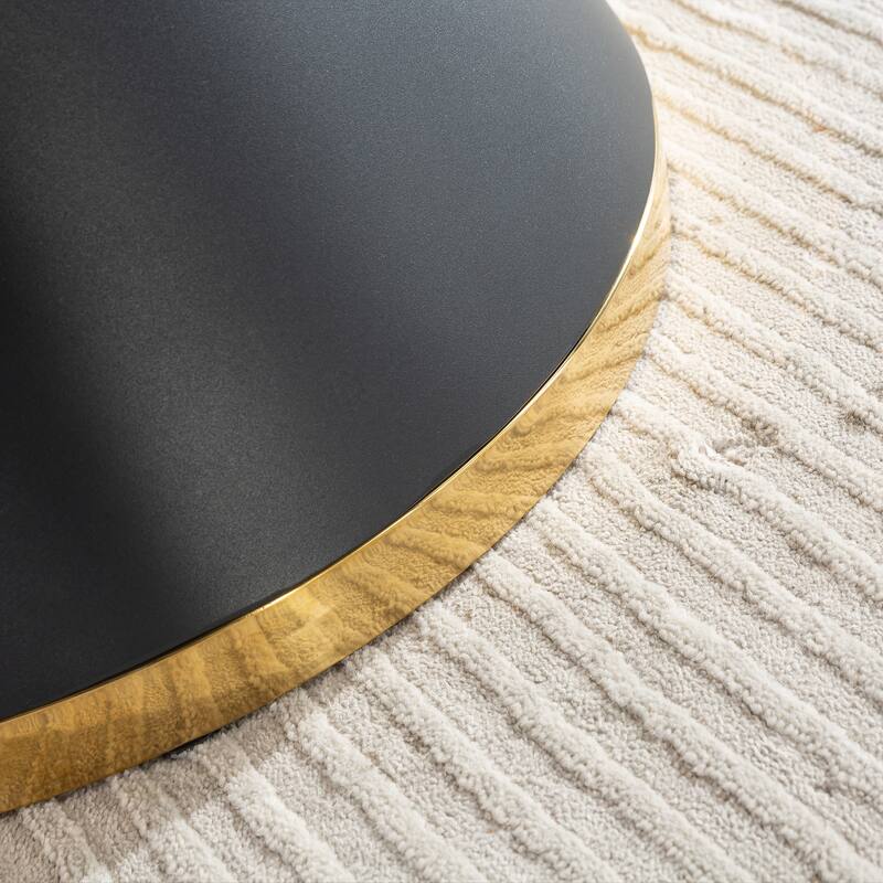 Marble Printed MDF Round Dining Table, Black Columnar Base with Gold Annulus(Not Including Chairs)