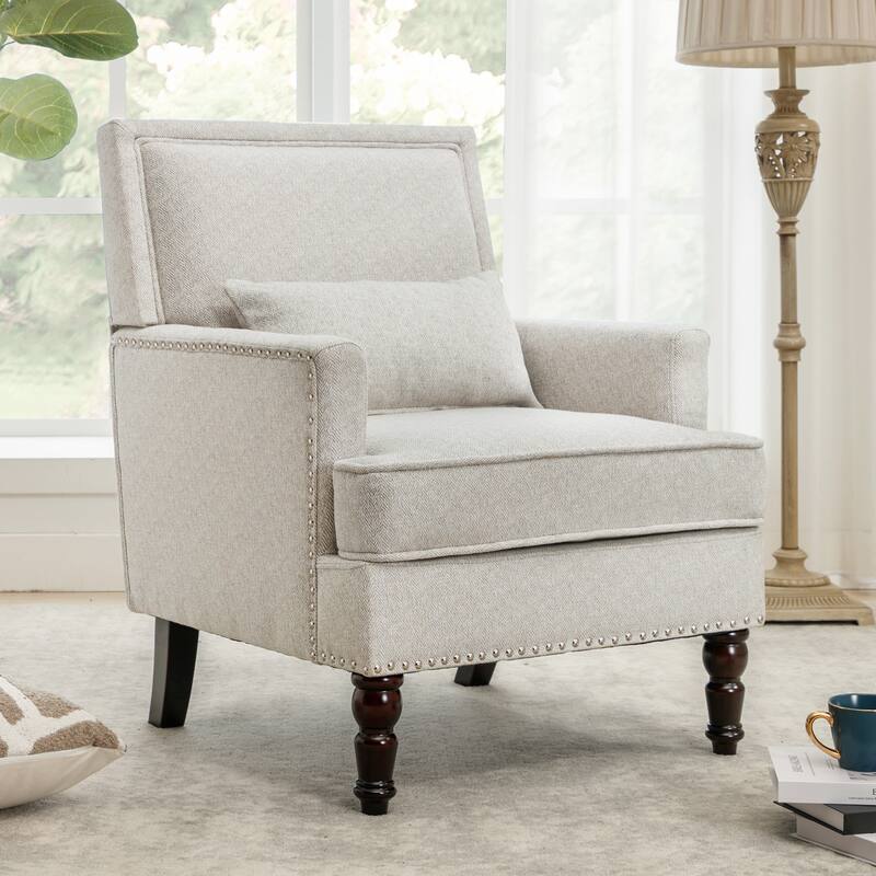 Modern Fabric Accent Chair with Upholstered Armrest Wooden Legs and Pillow for Living Room - Linen - Single