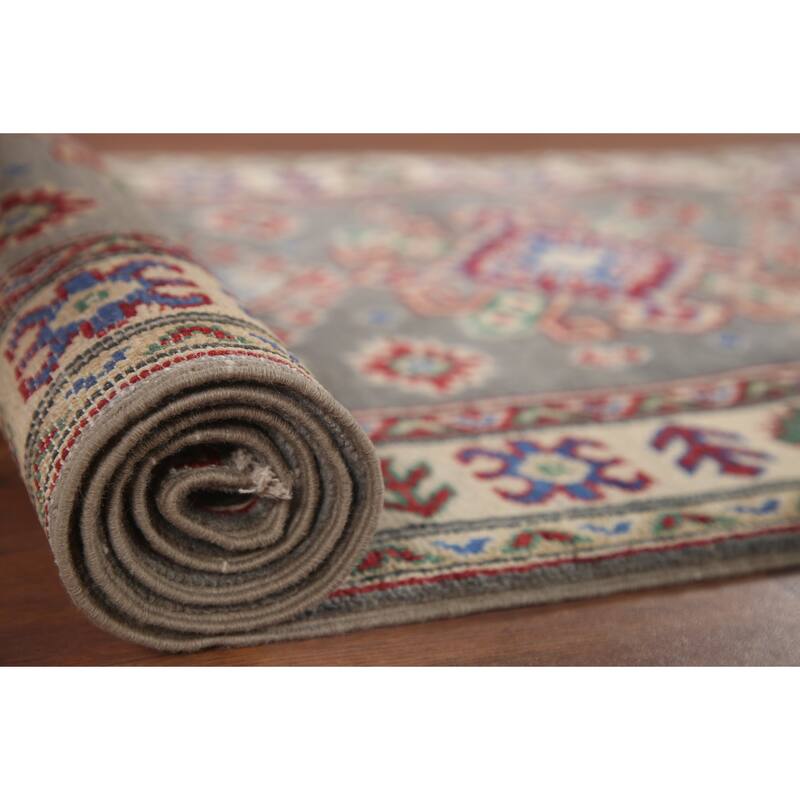 Hand Knotted Oriental 100% Wool Carpet Traditional Geometric Greys & Charcoal Kazak Runner Rug - 6' 7'' X 2' 7''