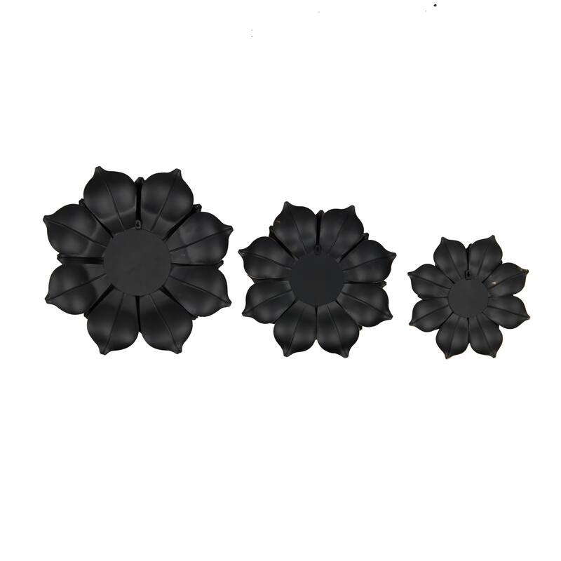 Metal Floral 3D Wall Decor with Gold Center - Set of 3 Black - Roche River Decor