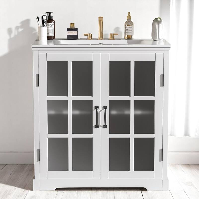 30" Bathroom Vanity with Ceramic Sink, Tempered Blurred Glass Doors,Adjustable Shelf, Freestanding Cabinet (Faucet Not Included) - White - 30" Ceramic+MDF,Rubber Wood