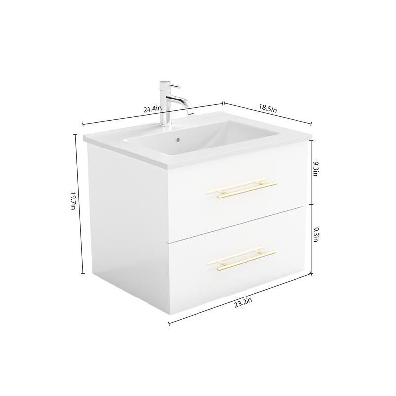 24-Inch Wall-Mounted Bathroom Vanity with Sink Combo,Double Drawers, Ceramic Basin, Easy Assemble,2 Storage Drawers