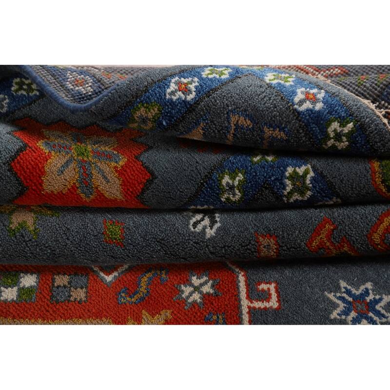 Blue Geometric Kazak Oriental Area Rug Hand-Knotted Wool Carpet - 9'3" x 11'7"