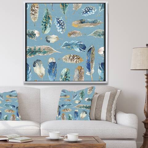 Designart 'Indigold Feathers Turquoise Pattern' Floral Framed Canvas