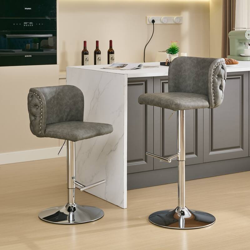 Modern PU Upholstered Bar Stools Set of 2, Swivel Barstools with Tufted Back, Adjustable Seat Height with Chrome Base