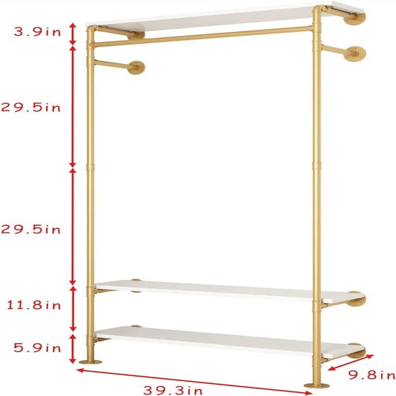 Industrial Pipe Clothing Racks with White Shelves - 9.8"D x 39.3"W x 80.8"H