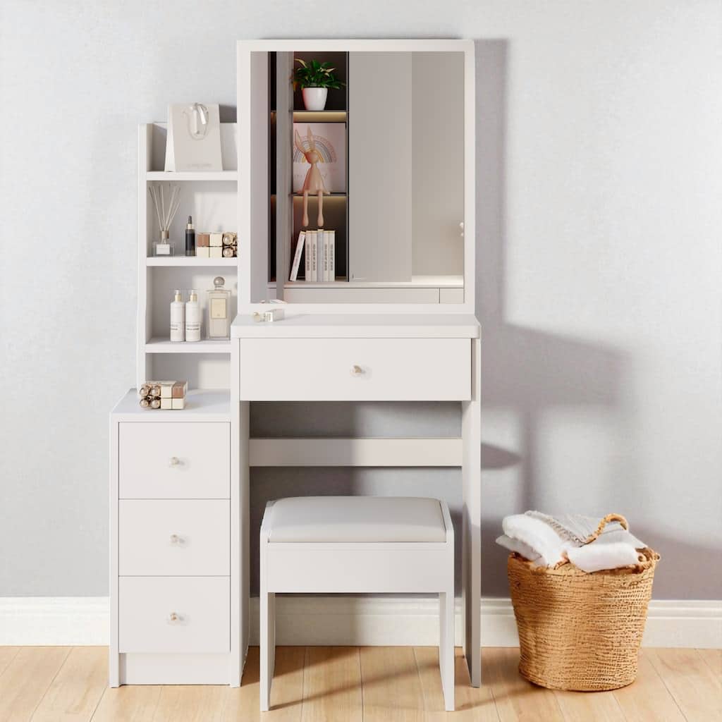 29.2" Small Space Vanity Table with Sliding Mirror, Stool and Storage Cabinet, Compact Makeup Dresser