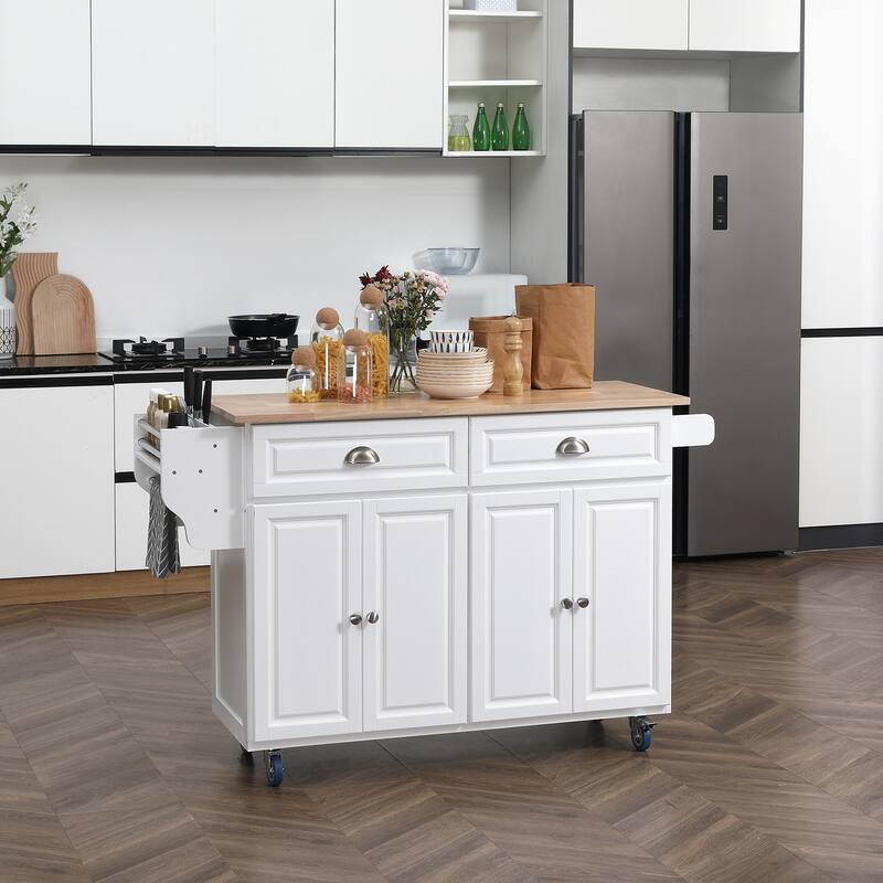 Rolling Kitchen Island on Wheels, Kitchen cart with Solid Wood Drop Leaf Breakfast Bar, Storage Drawers, 4-Door Cabinets - White