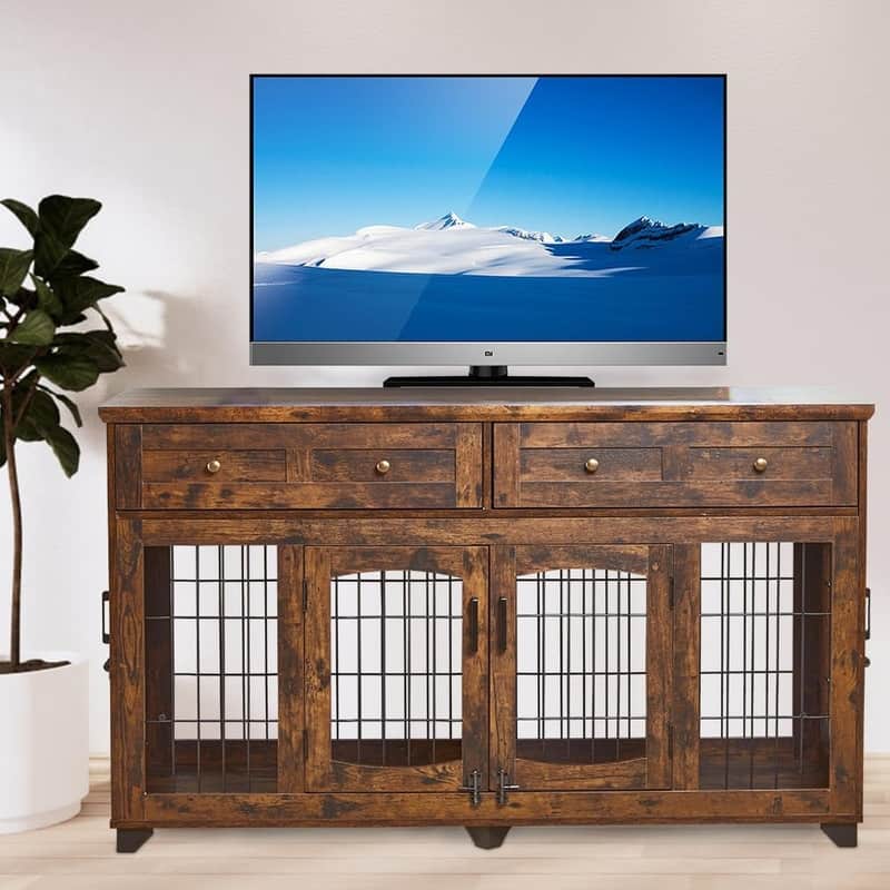 58" Wooden Dog Crate Furniture TV Stand withStorage Drawers