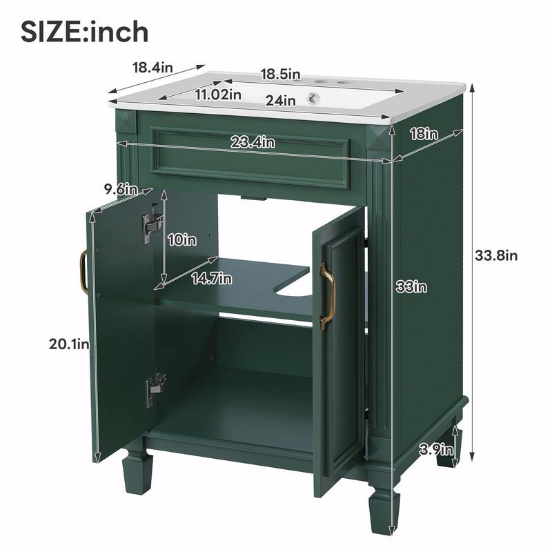 24'' Bathroom Vanity with Sink - Modern Storage Cabinet with 2 Soft-Closing Doors and Adjustable Shelf