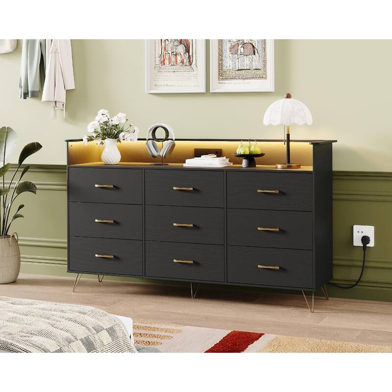 9-Drawer Dresser for Bedroom with Charging Station & RGB Lights - Black