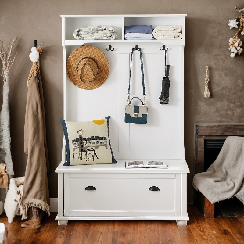 Classic Style Hall Tree Entryway Bench with Open Shelves and Shoe