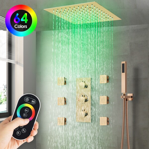 Thermostatic Rainfall Shower System 12 Inch 64 Color LED Mood Lighting Shower Faucet Set with 6 Body Jets On Sale Bed Bath Beyond 37609325