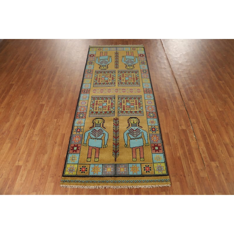 Hand Knotted Oriental 100% Wool Carpet Traditional Tribal Yellow & Gold Heriz (serapi) Runner Rug - 9' 10'' X 3' 10''