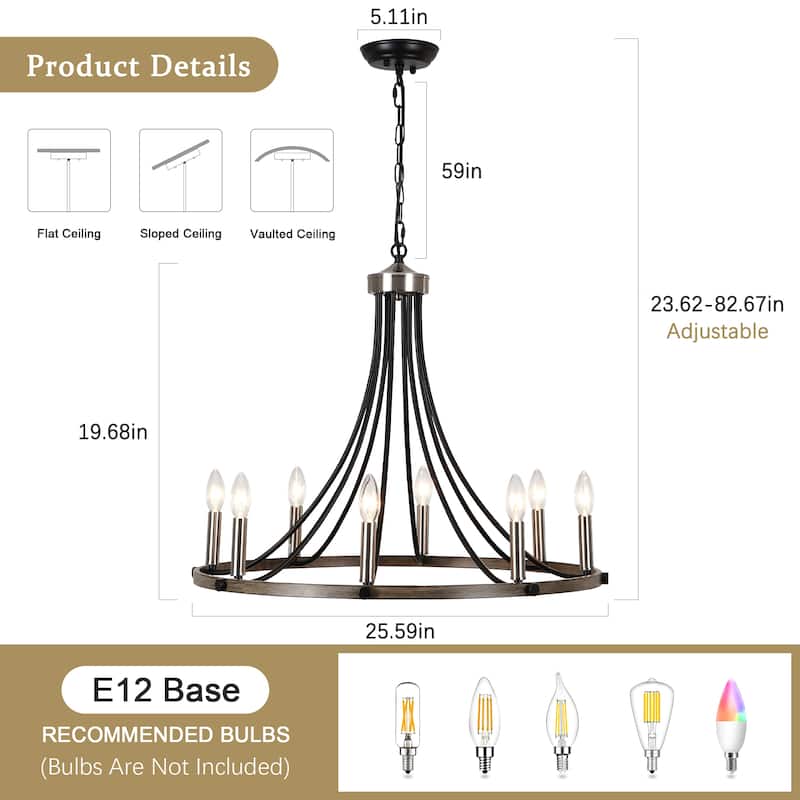 8-Light 25.59 in. Rustic Wagon Wheel Chandelier for Kitchen Living Room