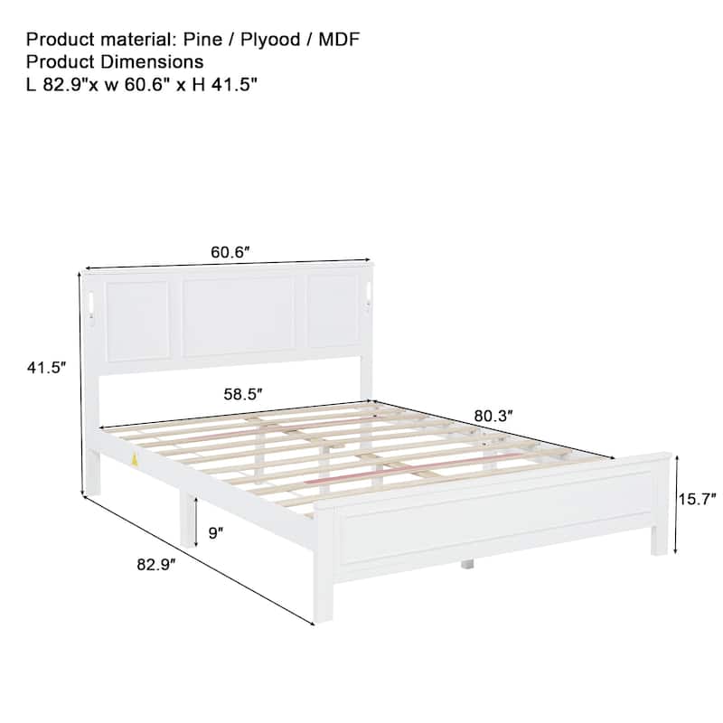 Javlergo Pine Wood Platform Bed with Tall Headboard USB Charging Station LED Lights No Box Spring Needed 9" Underbed Storage