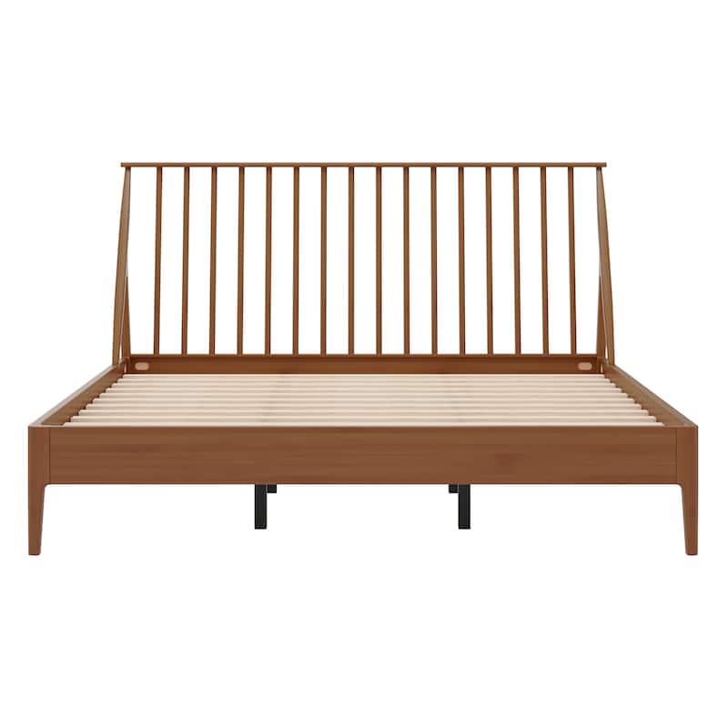 Bohemian Bamboo Spindle Platform Bed Frame with Wooden Slats and Metal Support, No Box Spring Needed, Low Profile Wingback Bed