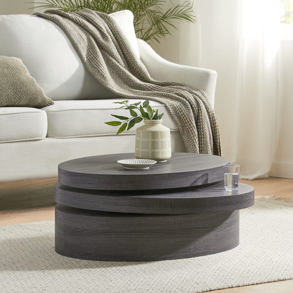 Modern 3 Tier Coffee Table Stylish Oval Coffee Table with Rotating Tabletop, for Living Room, Matte Black