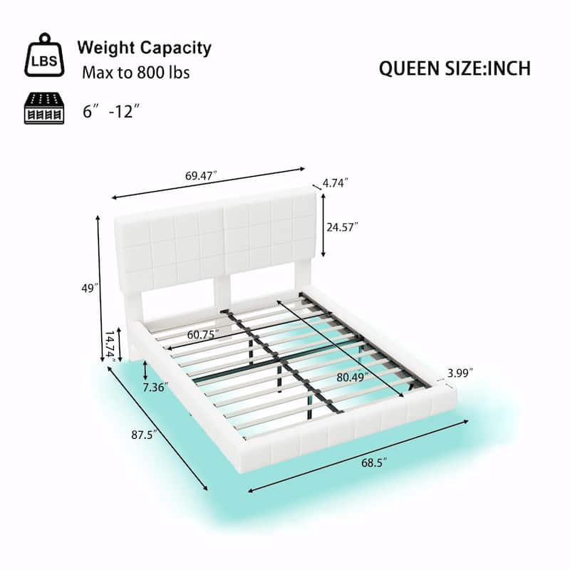 White Bouclé Floating Bed with Ambient Light