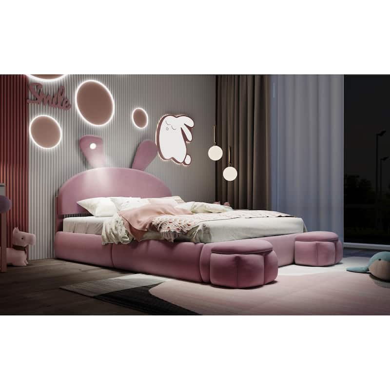 Full Size Upholstered Velvet Platform Bed Frame with Cartoon Ears Shaped Headboard, Light and 2 Small Storage Stools for Bedroom