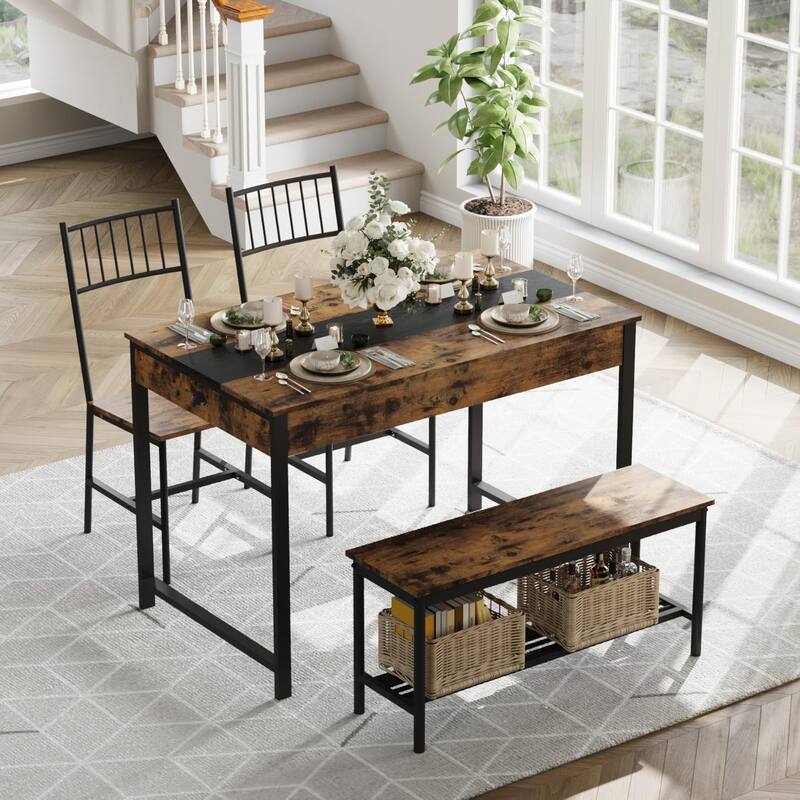 Dining Table Set for 4, Small Kitchen Table and 2 Chairs for 4 with Bench - Brown