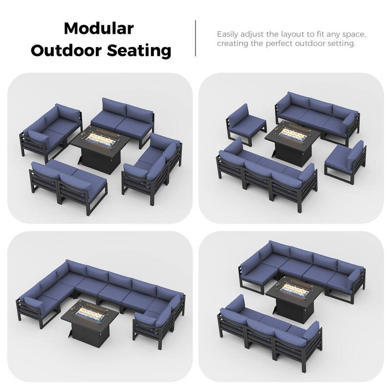 9-Piece Aluminum Outdoor Furniture Set With Fire Pit Table Propane/Natural Gas 60,000 BTU, Extra Large Aluminum Patio Sectional