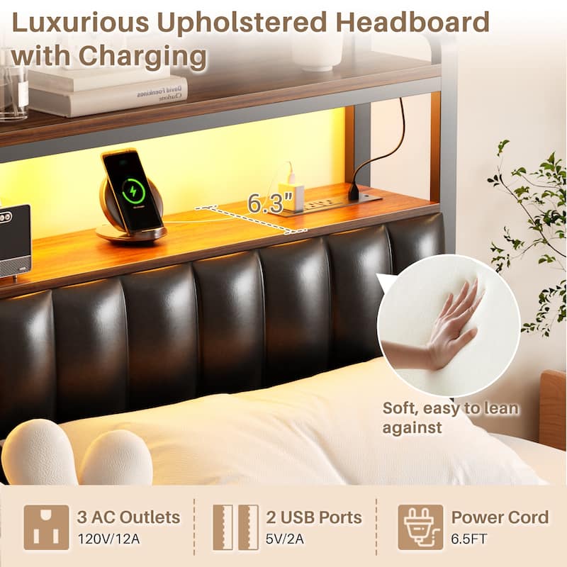 Platform Bed Frame with Upholstered Storage Headboard, Full/ Queen/ King Beds with Charge Station and LED Lights