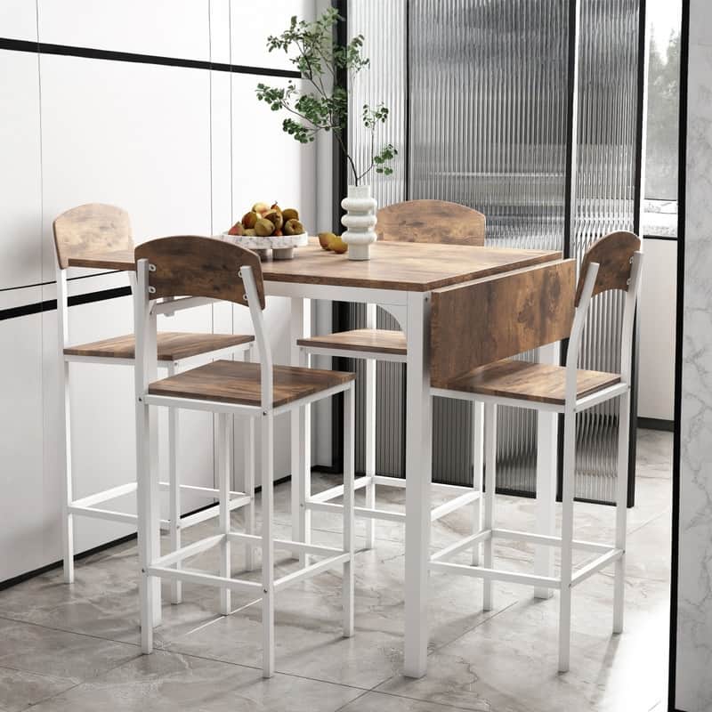 5-Piece Counter Height Drop Leaf, Folding Table and Chairs for 4, Farmhouse 5-Piece Dining Table Set for Living Room Kitchen