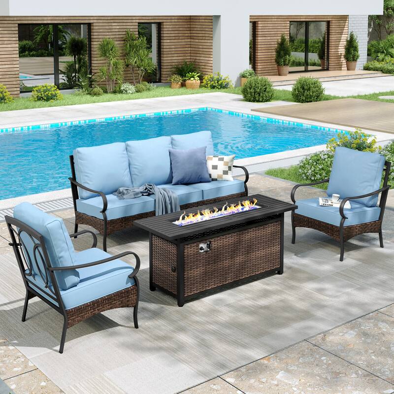 MAISON ARTS Patio Furniture Set with 56" Fire Pit Table, Deep Seating Sofa & Swivel, Rocking, and Fixed Chairs (5 Seats, Beige) - Fixed Chair - Blue
