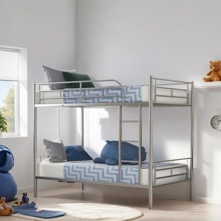 Twin Over Twin Bunk Bed with Ladder, Metal Bed with Full-Length Guardrail, Kid's Bed for Small Space, Bedroom, Silver